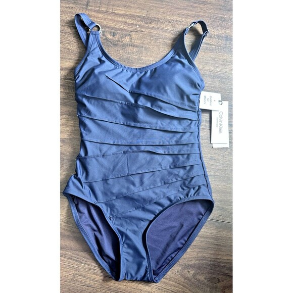 Calvin Klein Women's Scoop-Neck Textured 4 way Stretch One-Piece Swimsuit Navy 4 - Picture 1 of 9